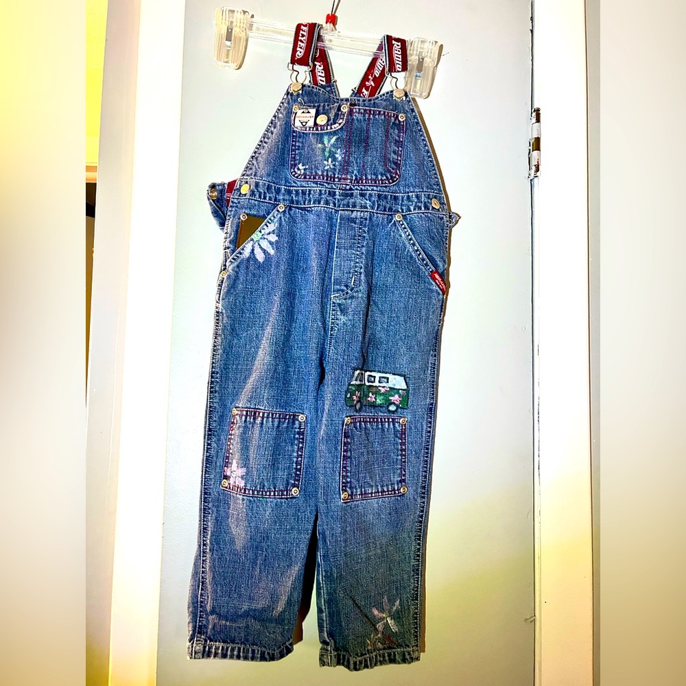 Hand painted overalls. Flower Power RV designed by Kay. Size 4T Radio Flyer